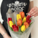 Букет из 11 разноцветных тюльпанов с оформлением